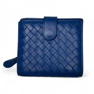 Bottega Veneta Blue Intrecciato Weave Leather Compact Wallet